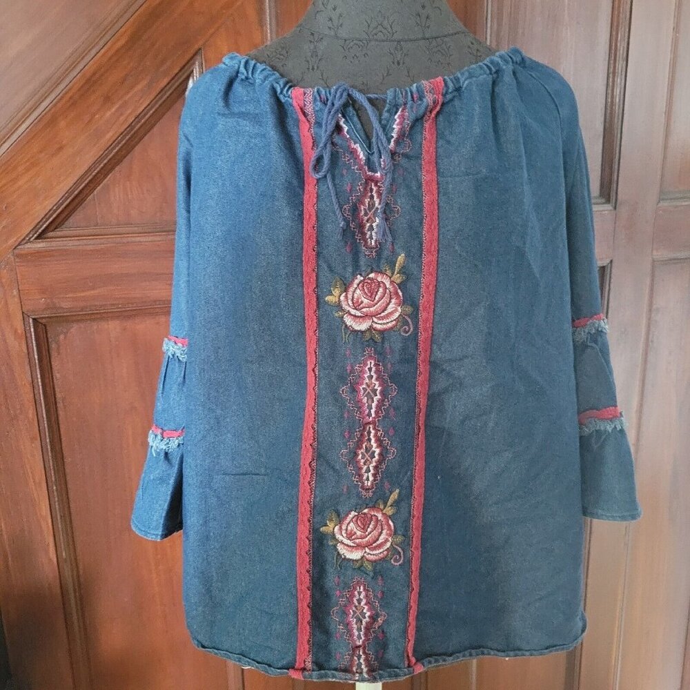 Hannah Embroidered Peasant Blouse 3/4 Bell Sleeves Multi-Color Size M Boho